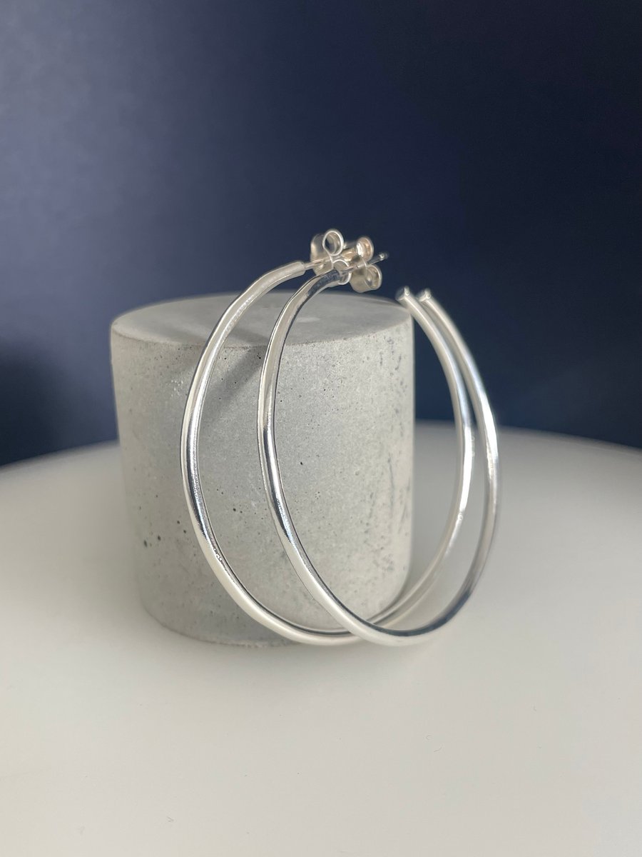 Silver Hoop Earrings - 2mm Sterling Silver - Plain-Smooth - Sizes 40-60mm 