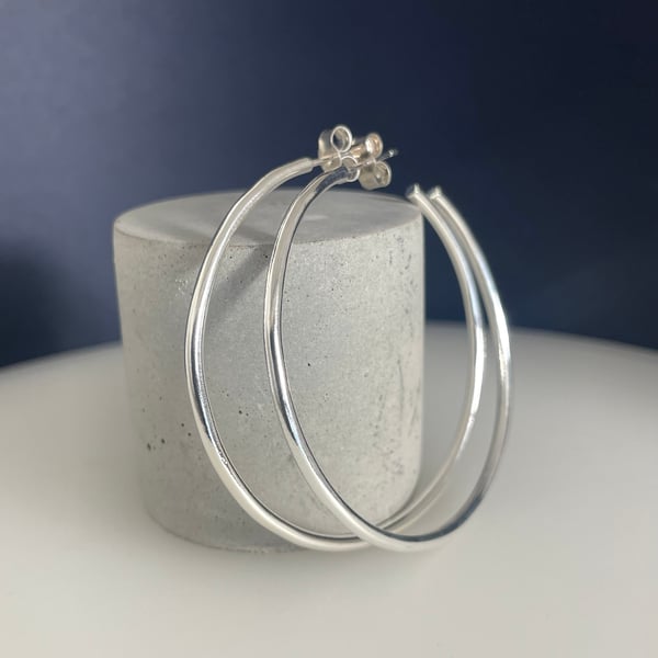 Silver Hoop Earrings - 2mm Sterling Silver - Plain-Smooth - Sizes 40-60mm 