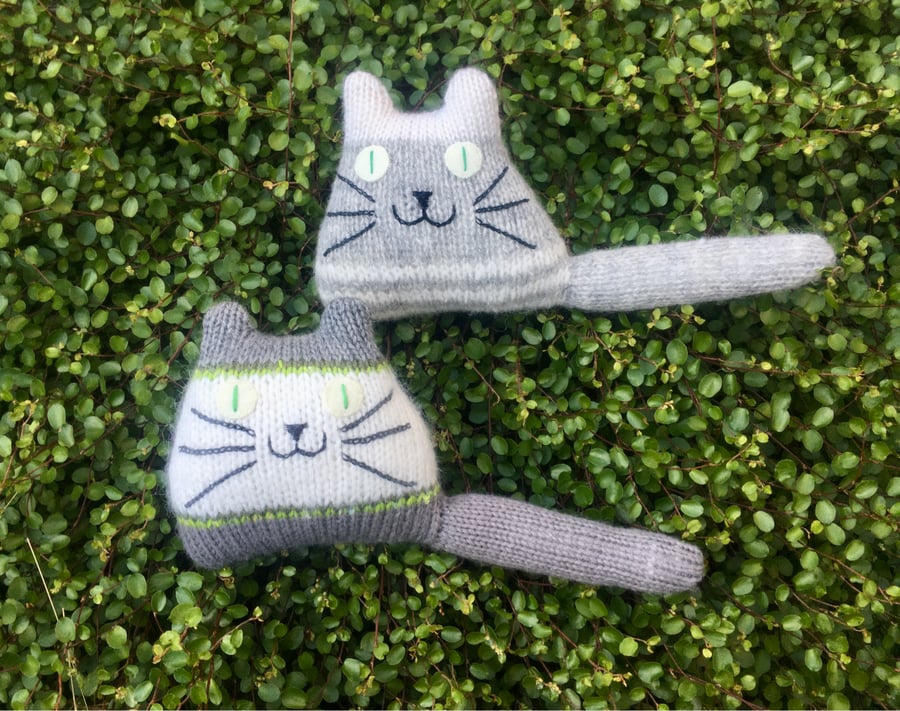 Grey hand knitted kitten decoration 