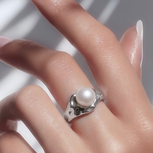 Round Freshwater Pearl Adjustable Sterling Silver Ring 
