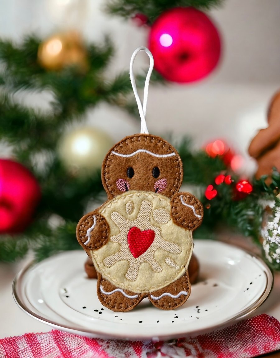 Gingerbread person holding a jammie dodger biscuit Embroidered Hanging Keepsake 