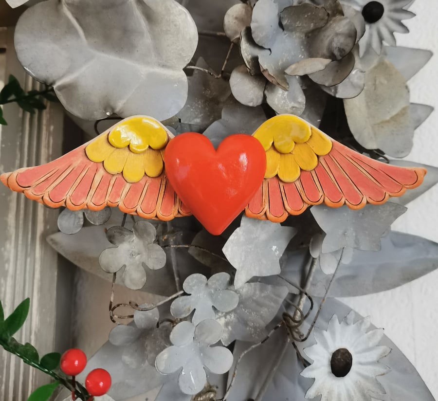 Heart sculpture, ceramic wall art, red ceramic heart with wings, wall art