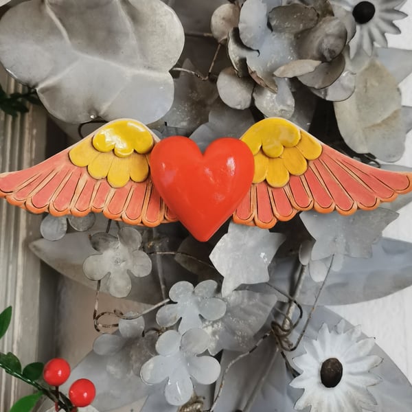 Heart sculpture, ceramic wall art, red ceramic heart with wings, wall art
