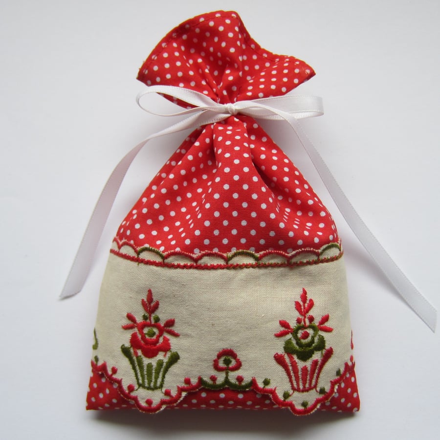 Red Spotty Lavender Sachet with Floral Design