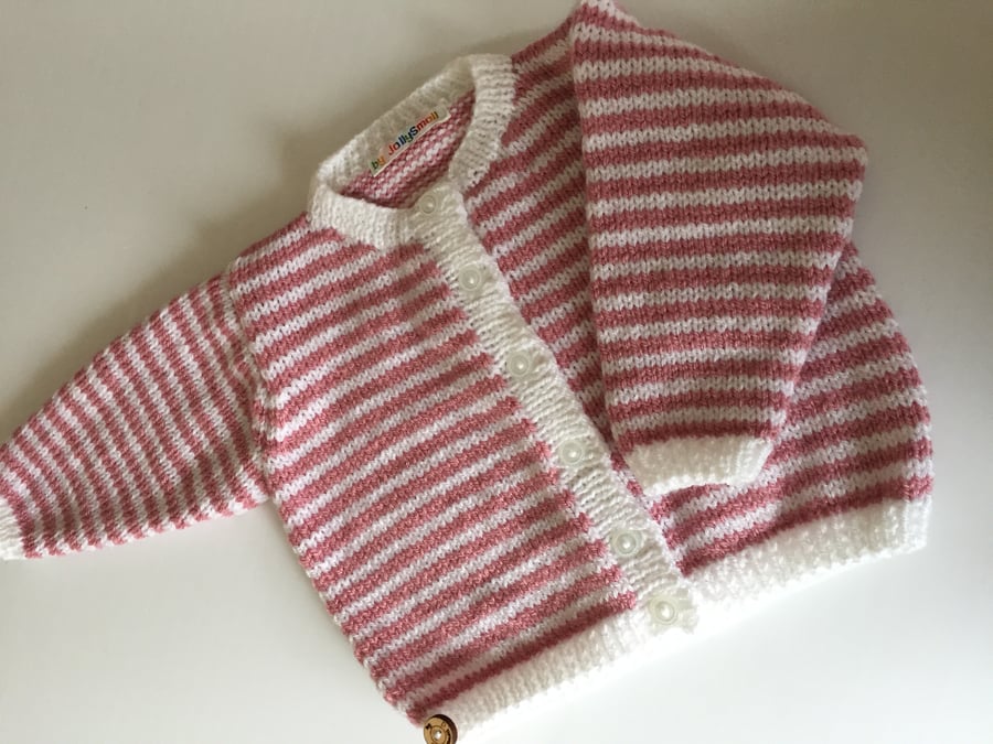 Baby Girl's cardigan - pink and white striped - 6-12mths