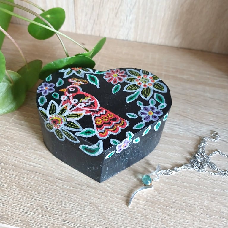 Trinket box love heart shaped, handpainted with ornamental bird and flowers.  