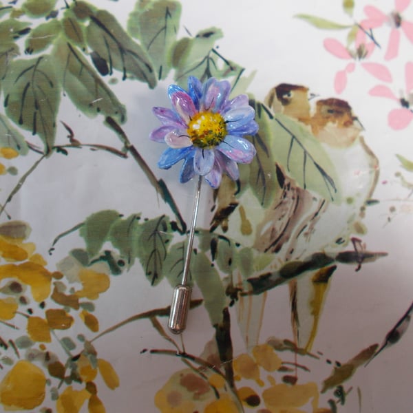 Forget-Me-Not BLUE DAISY PIN Wedding Floral Lapel Flower Brooch HAND PAINTED