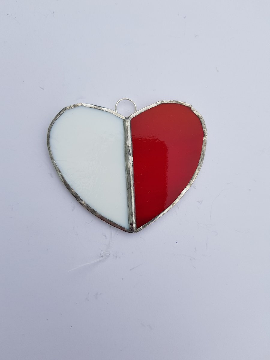 282 Stained Glass Small Two Piece White Red Heart - handmade hanging decoration.