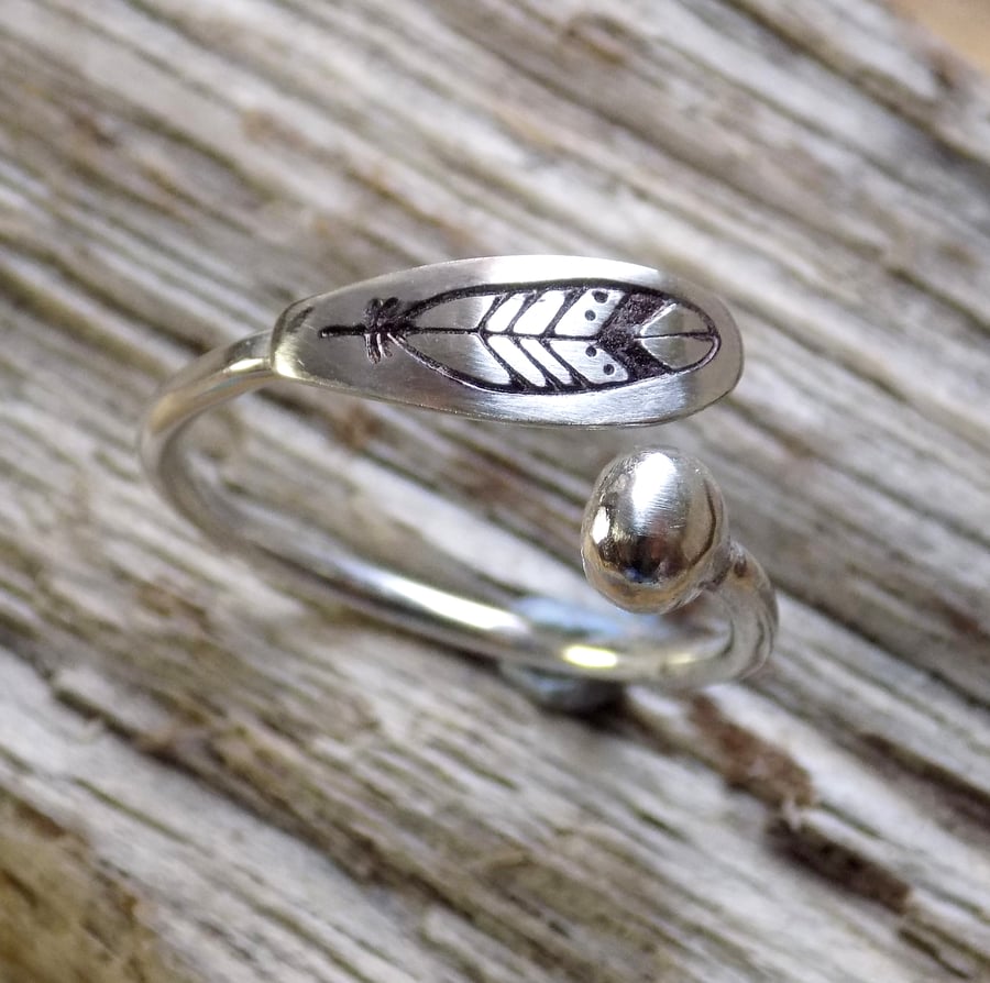 Sterling silver and fine silver feather wrap around ring 