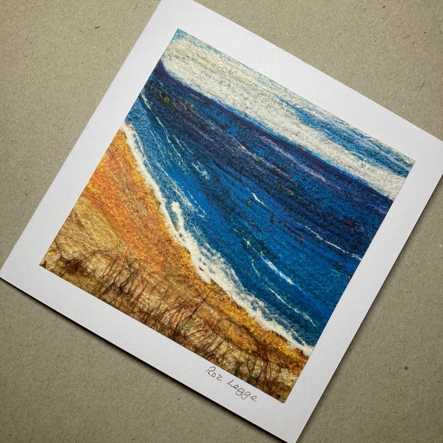 At the beach, Greetings card 5" x 5", print of original textile art