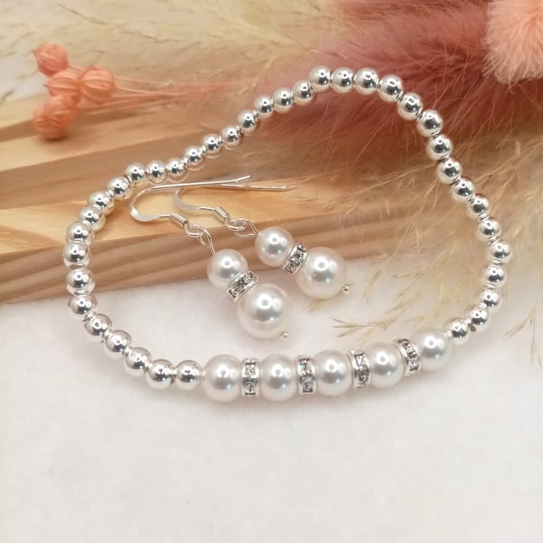 Sterling Silver Austrian Crystal Pearl Earrings and Matching Bracelet Set