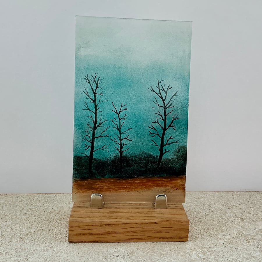 Hand painted enamel on fused glass  landscape panel, winter trees