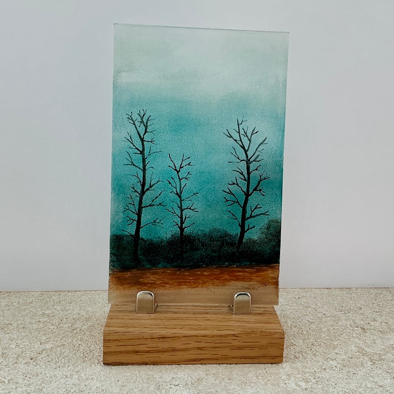 Hand painted enamel on fused glass  landscape panel, winter trees