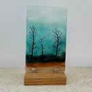 Hand painted enamel on fused glass  landscape panel, winter trees