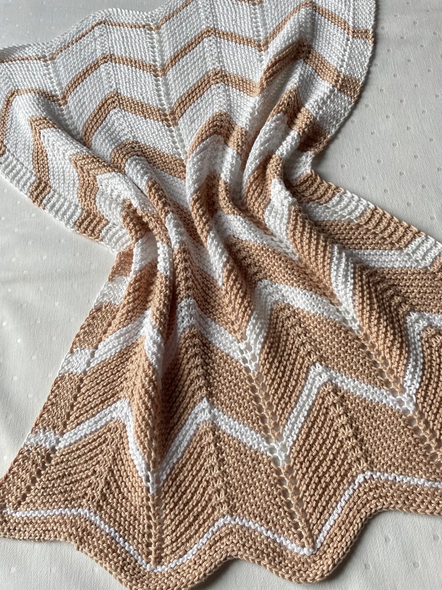 Caramel and white striped baby blanket in cotton mix yarn 