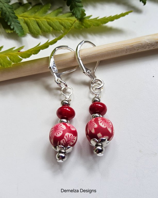 Dainty Polymer Clay Beads & Red Bamboo Coral Silver Plate Earrings