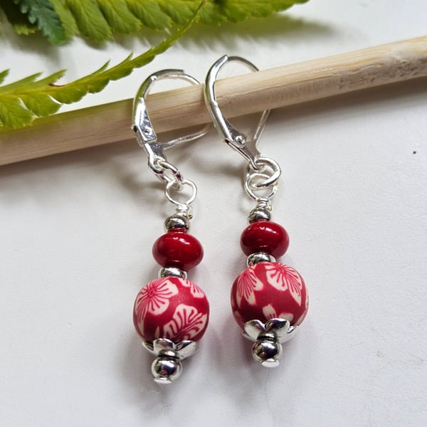 Dainty Polymer Clay Beads & Red Bamboo Coral Silver Plate Earrings