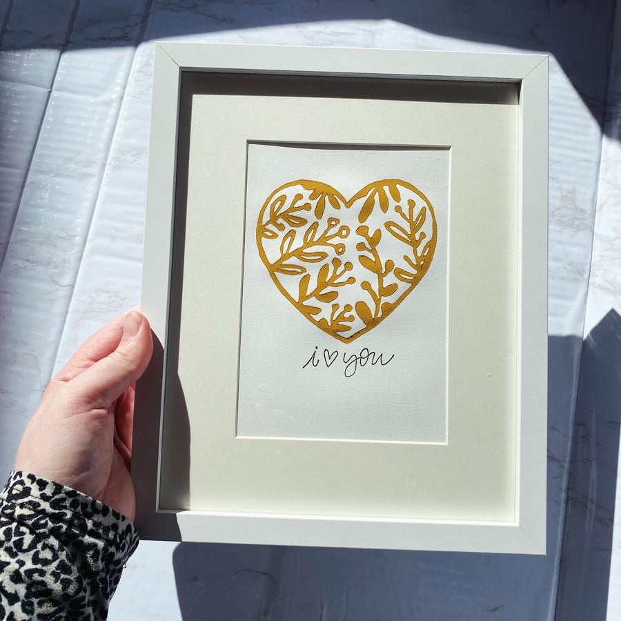 Framed Mustard I Love You Lino Print 