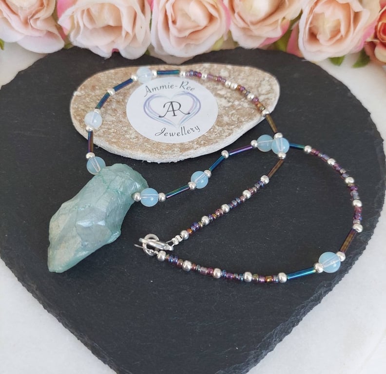 Blue Aura Quartz beaded pendant necklace 