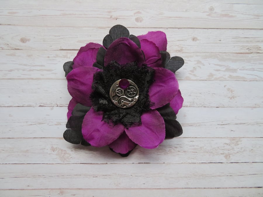 Amethyst Purple & Black Rose Flower Silver Steampunk Brooch Corsage Buttonhole