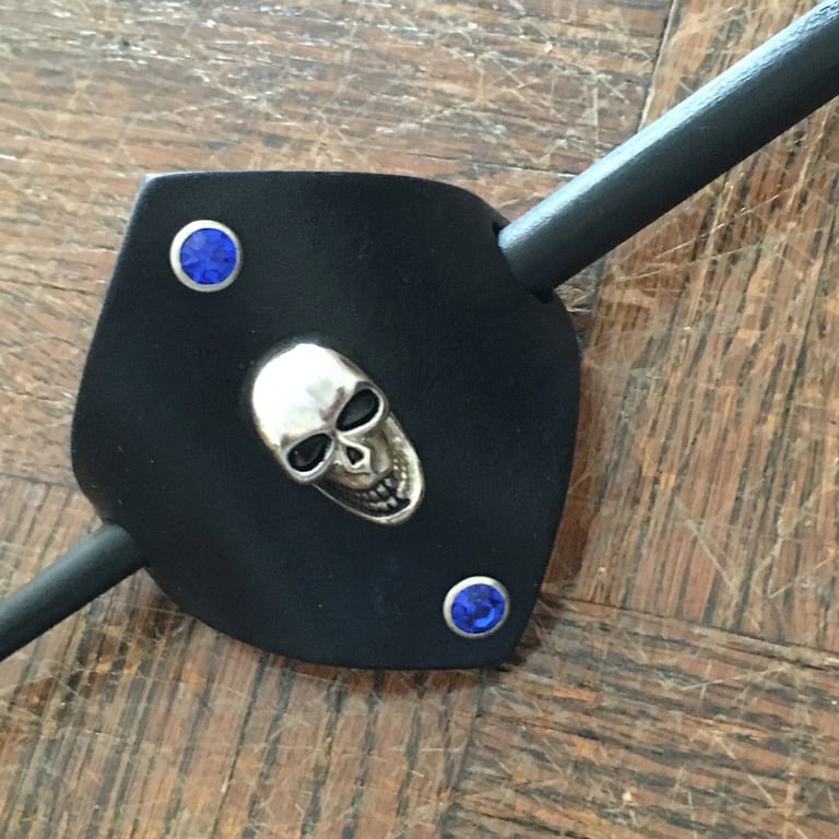 Black Leather Hair Stick Barrette with Skull & 2 Blue Gemstones -FREE SHIPPING