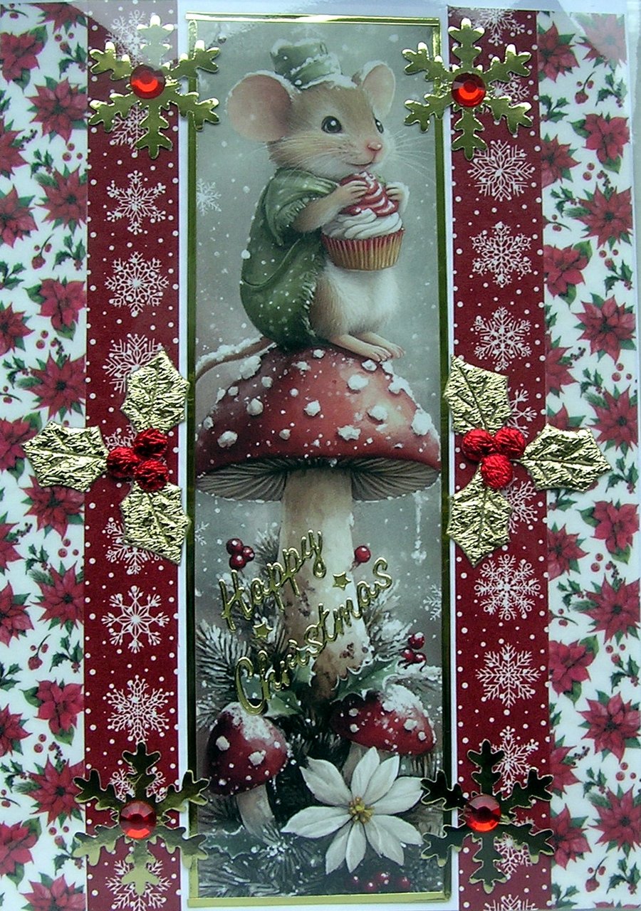 Hand Crafted Decoupage Chistmas Card - Happy Christmas (3238) Mouse & Toadstool