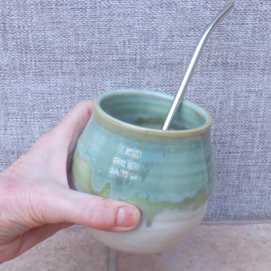 Yerba Mate gourd calabash cup bowl bombilla wheel thrown in stoneware pottery 