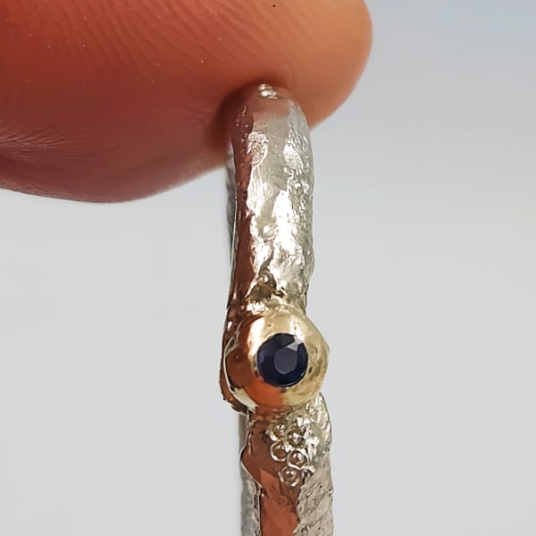 Hand Forged Molten Silver Ring – 9ct Gold, Blue Sapphire - Size M