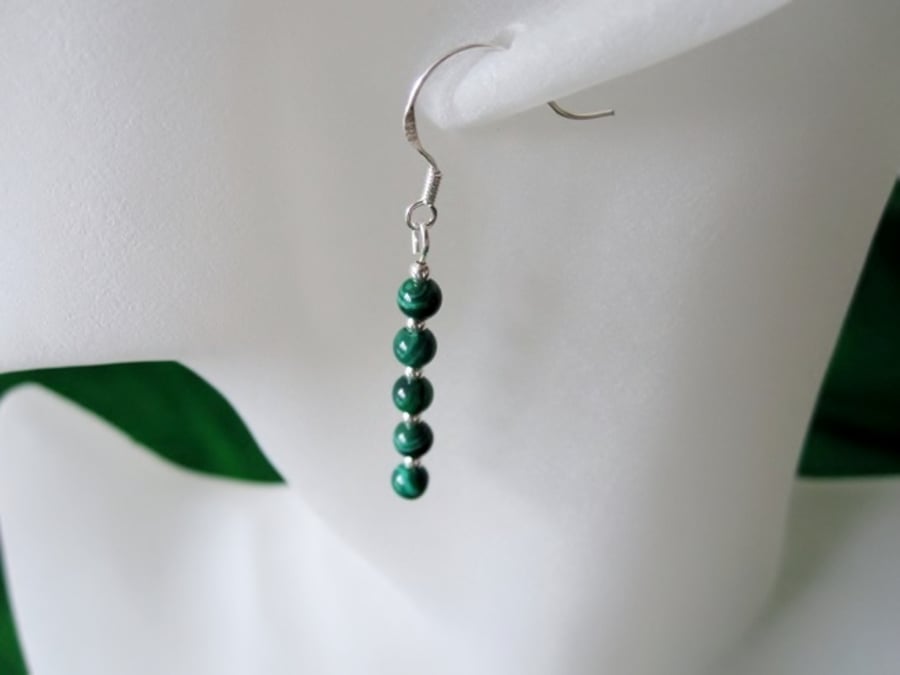 Green Malachite Stack & Sterling Silver Slim Drop Earrings