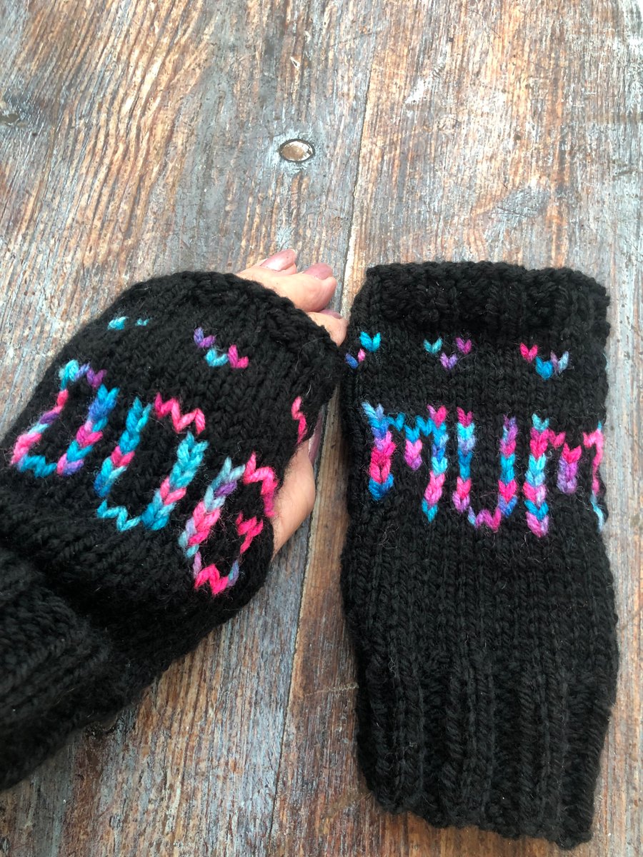 Hand knitted fingerless mittens Dog mum Ready to post