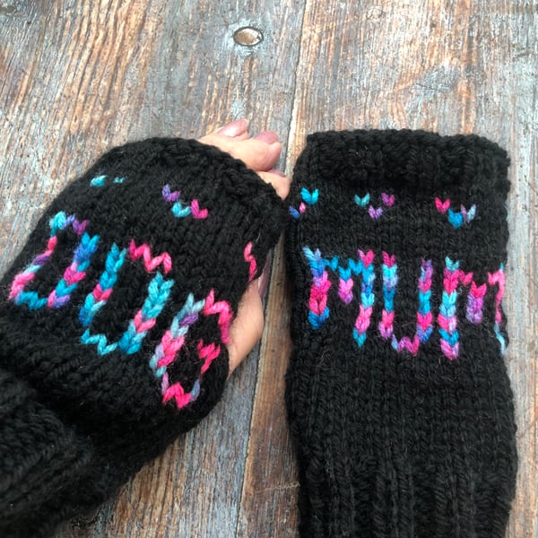 Hand knitted fingerless mittens Dog mum Ready to post