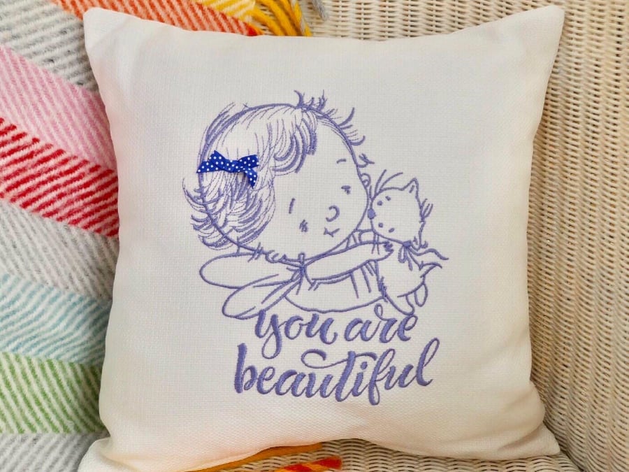 Embroidered Scatter Cushion: Blue Child with Cat