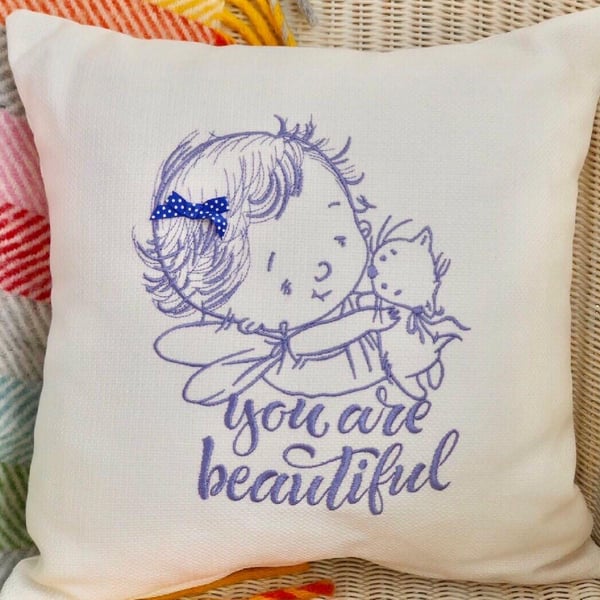 Embroidered Scatter Cushion: Blue Child with Cat