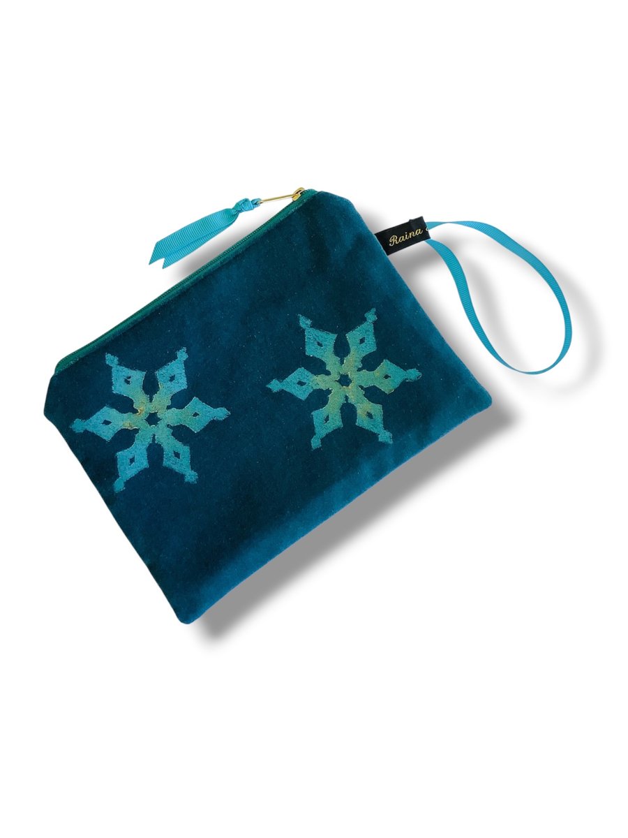 Snowflake Velvet Pouch, Teal Velvet Small Makeup Bag, Hand Printed Cosmetic Pouc