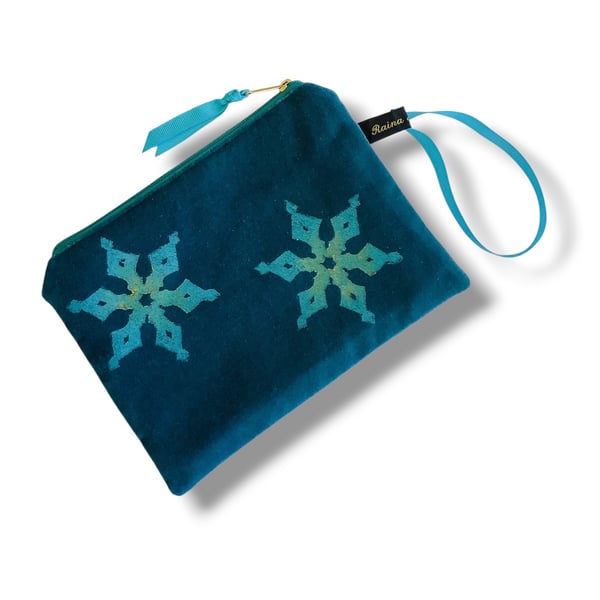 Snowflake Velvet Pouch, Teal Velvet Small Makeup Bag, Hand Printed Cosmetic Pouc