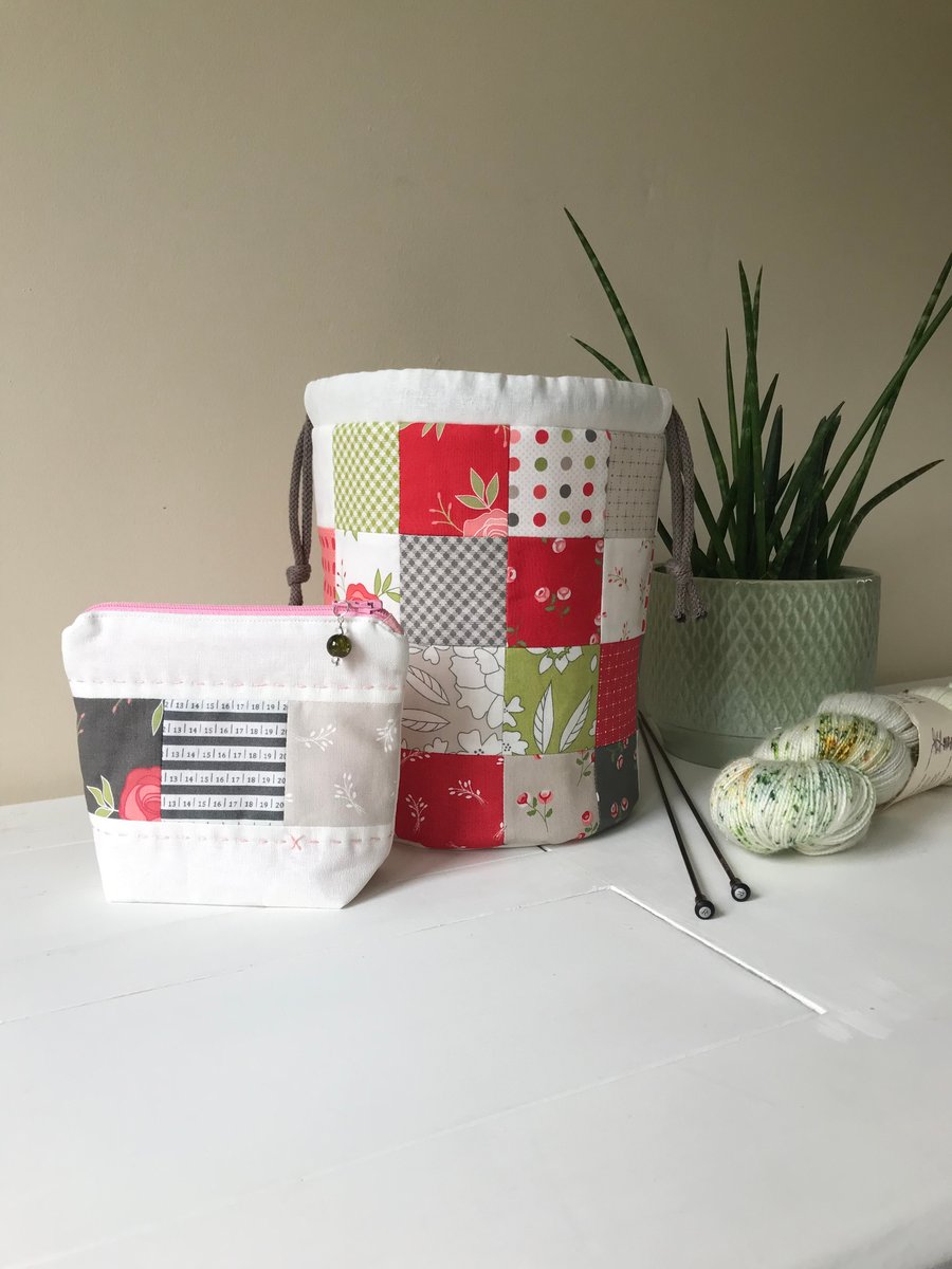 Pretty red floral patchwork sock knitters bag and notions pouch