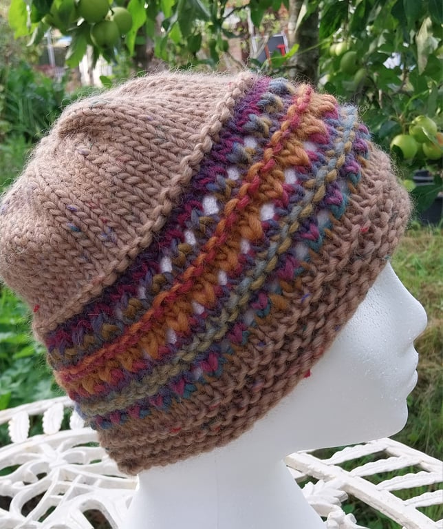 Handknit chunky wool hat col 1 Fawn