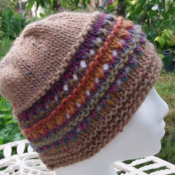 Handknit chunky wool hat col 1 Fawn