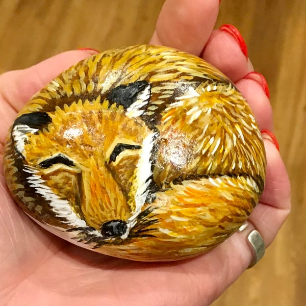 Had painted pebble fox sleeping portrait garden rock art stone