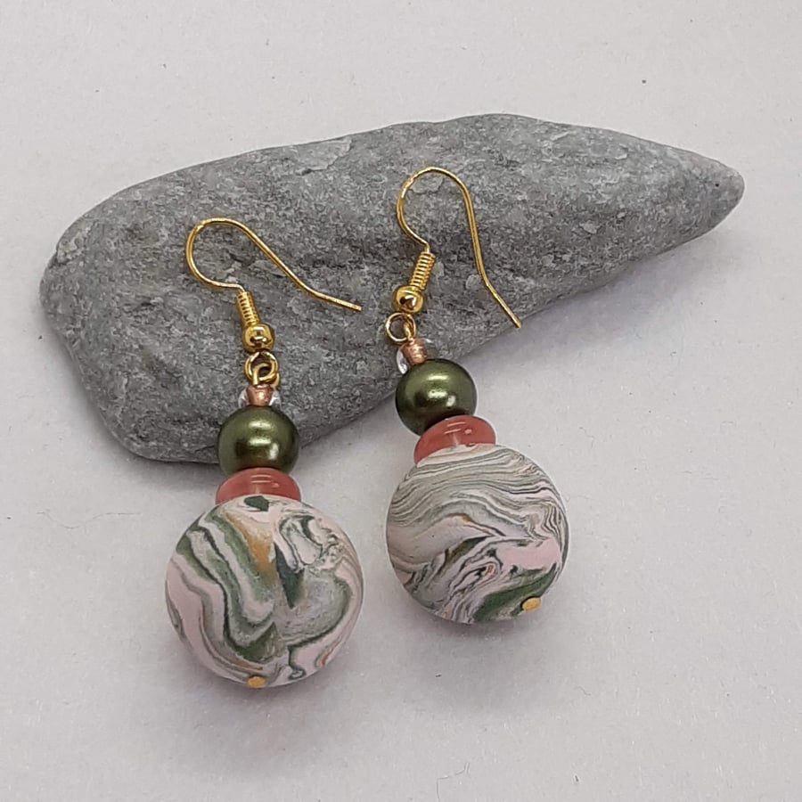 Large dusky pink and green earrings