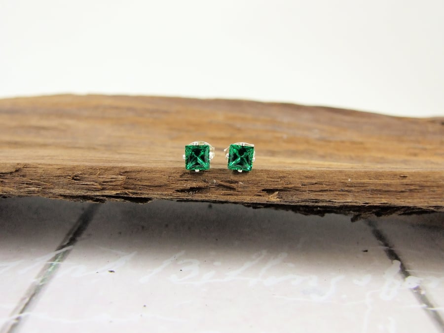 Tiny Emerald Green Princess Cut Cubic Zirconia and Sterling Silver Earrings