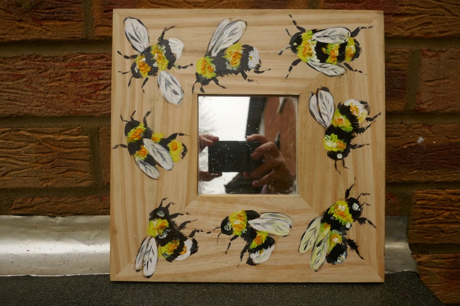 Bumble bee Hand painted Ikea square wooden mirror 10" x 10"