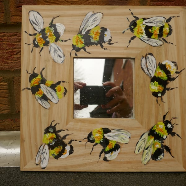 Bumble bee Hand painted Ikea square wooden mirror 10" x 10"