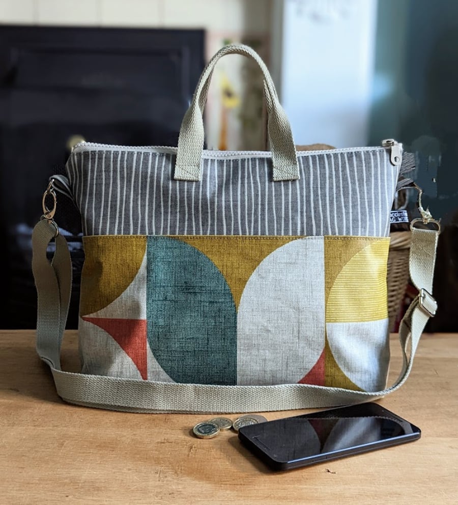 Handbag Oilcloth Geometric Print Cross Body Handbag with Light Khaki Beige Strap