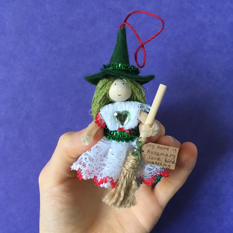 Tiny Witch Doll Hanging Decoration, Red And Green, Witch Core
