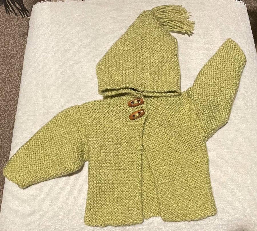 Hand knitted cardigan in pistachio green with hood - 3-6 month old boy