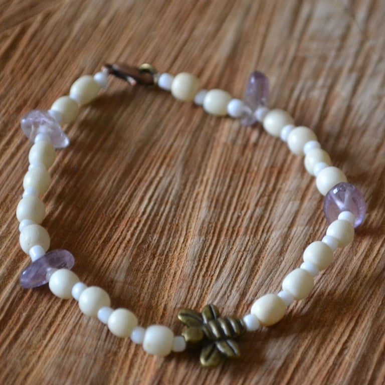 Bee bracelet bone beads with amethyst chips 