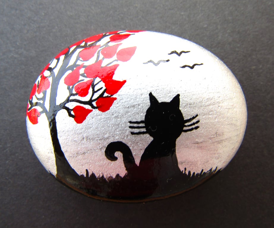 Black Cat Gift, Painted Pebble, Birds Tree Stone Magnet, Small Rock Art Painting