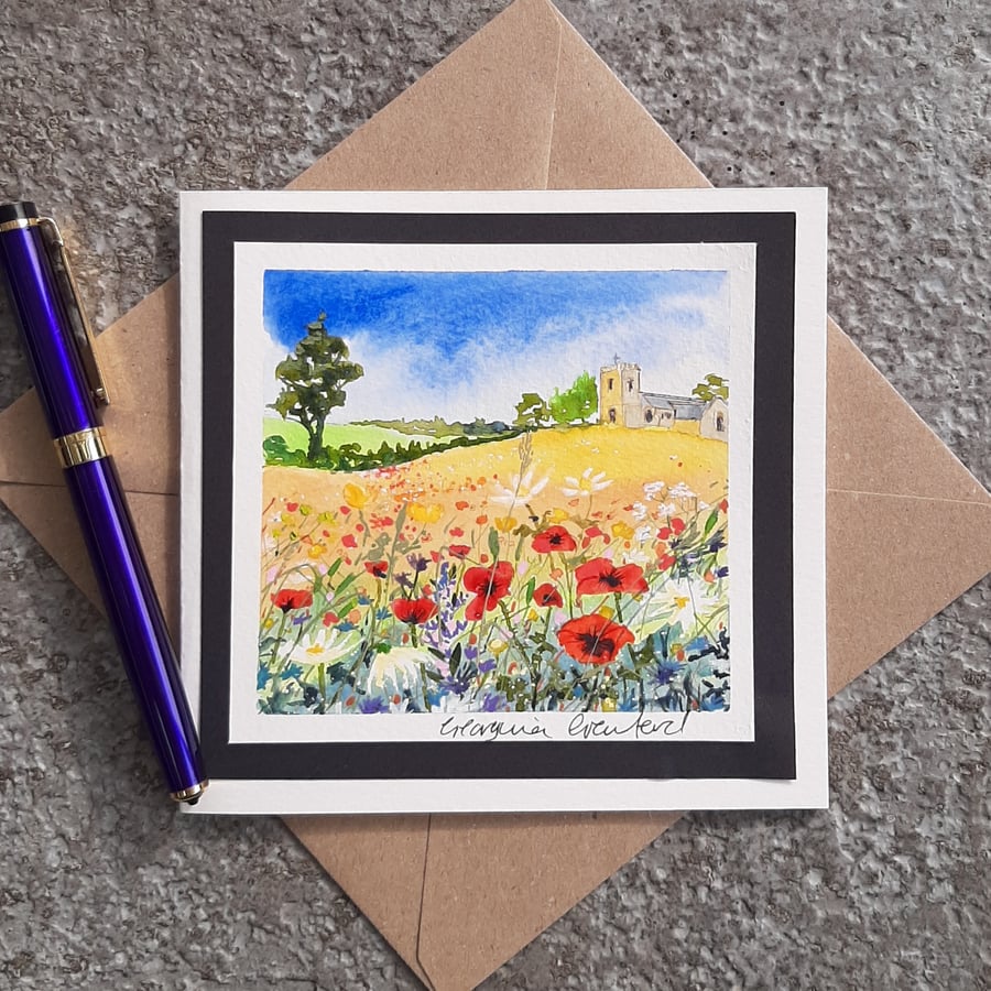 Blank Card. Poppies and the Church on the Hill. Handpainted Watercolour Keepsake