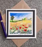 Blank Card. Poppies and the Church on the Hill. Handpainted Watercolour Keepsake - Image 1